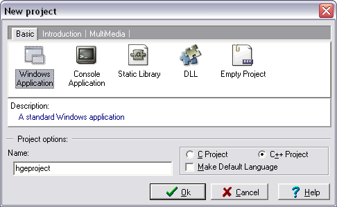 Create project dialog